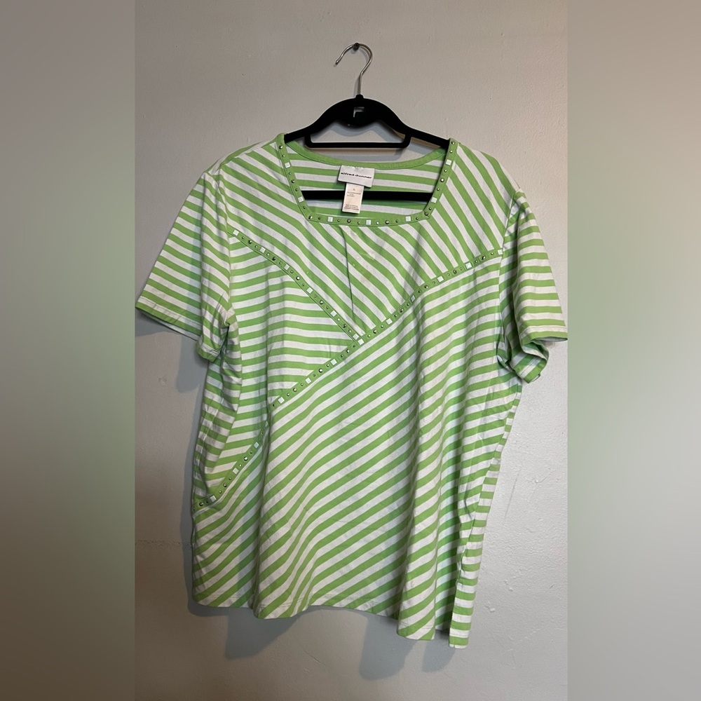 Alfred Dunner Striped Embellished Top Green White Short Sleeve Size XL
